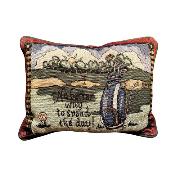 Needlepoint Golf-Themed Decorative Pillow With Green Backing - Picture 1 of 7